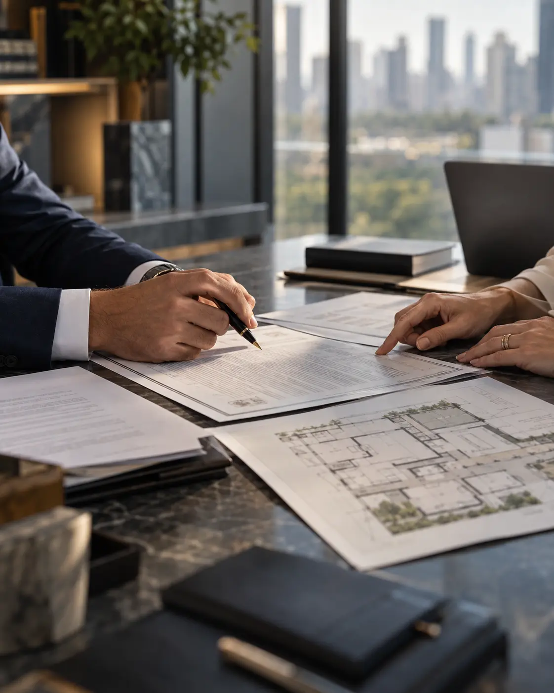 Documentos de uma operação imobiliária organizados sobre uma mesa de escritório